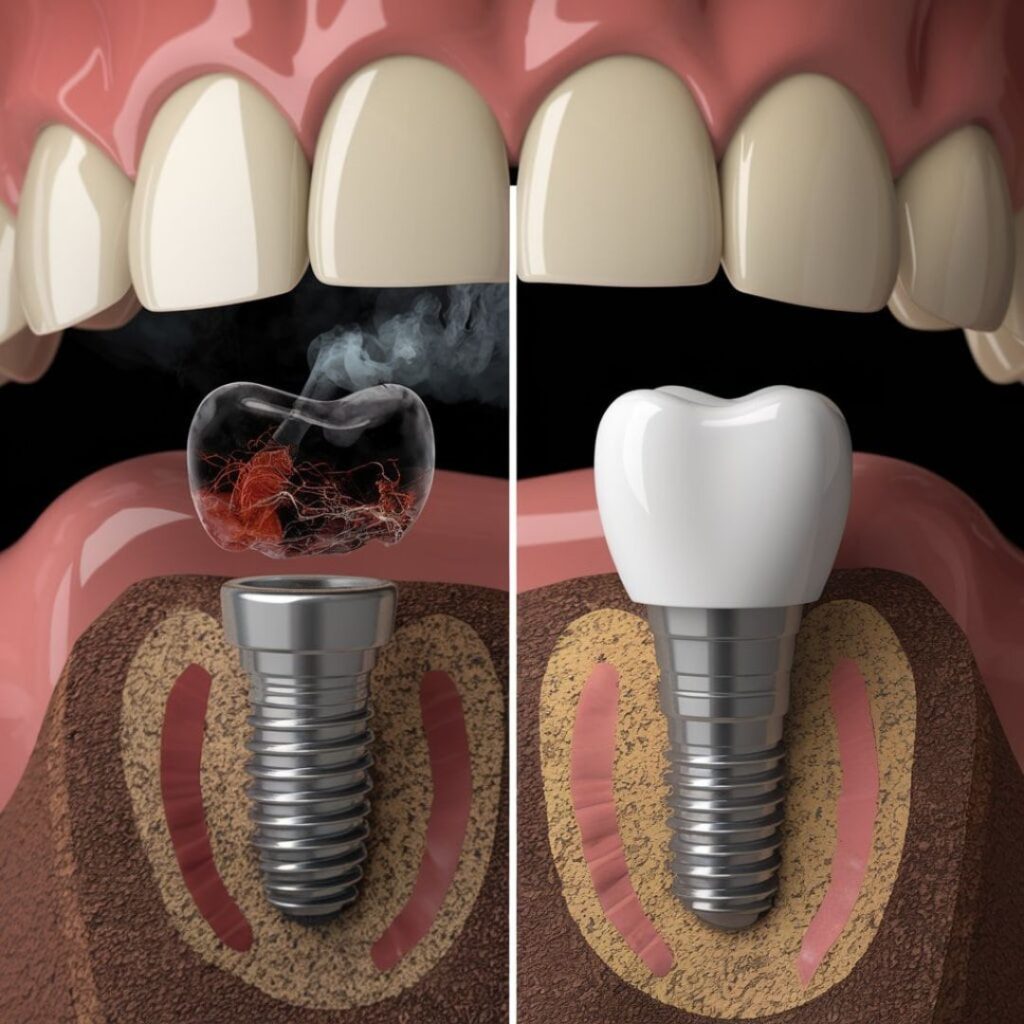 A photo of a dental implant procedure. On the left, a smoker's dental implant with a dark and unhealthy tissue. On the right, a non-smoker's dental implant with a healthy and pink tissue.